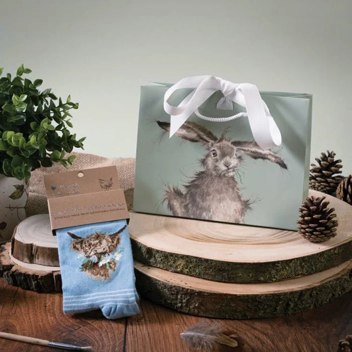 A gift box featuring a rabbit design, accompanied by a colorful pair of socks placed beside it.