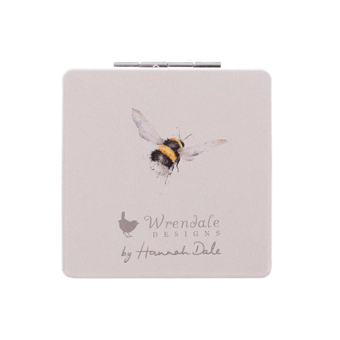 Back view of Wrendale Designs Flight of the Bumblebee compact mirror featuring bumblebee artwork and Wrendale logo.