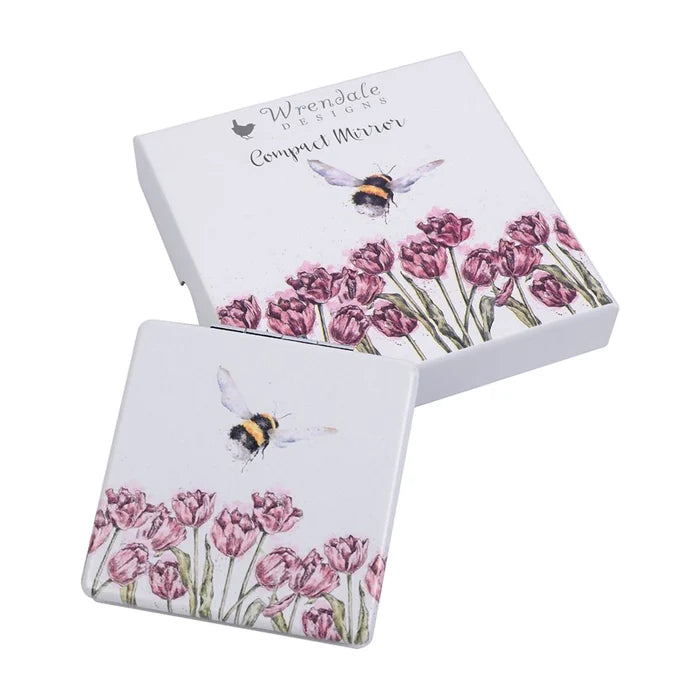 Wrendale Designs Flight of the Bumblebee compact mirror and gift box with bumblebee and tulip floral illustration.