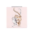 Square compact mirror with Wrendale Designs ‘Feline Good’ illustration of two cuddling cats on a pink background.