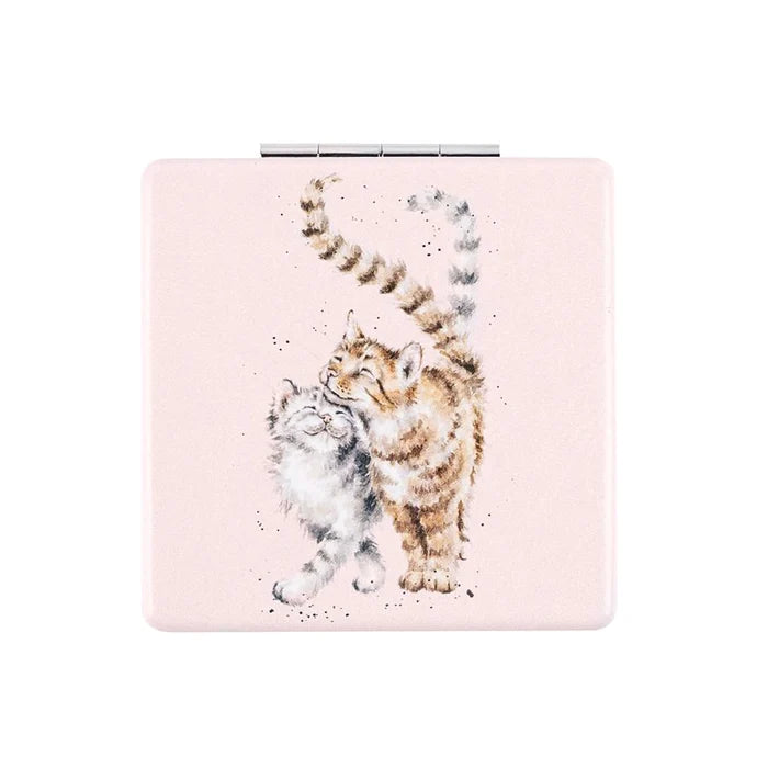 Square compact mirror with Wrendale Designs ‘Feline Good’ illustration of two cuddling cats on a pink background.