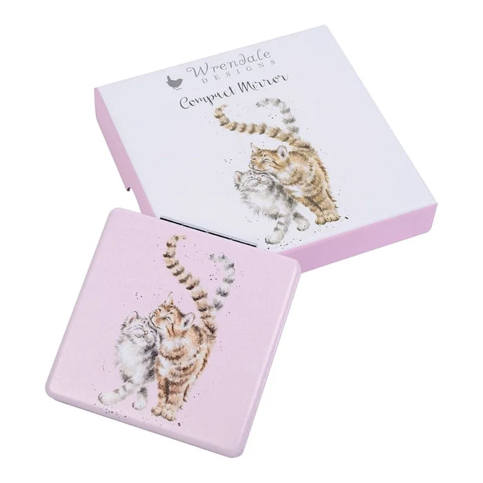 Back of Wrendale Designs cat compact mirror showing matching gift box with ‘Feline Good’ cat illustration.