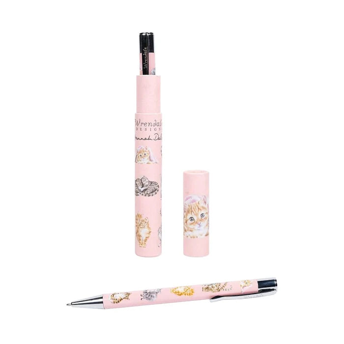 Wrendale Designs 'Feline Friends' Cat Pen – pastel pink ballpoint pen with cat illustrations and chrome detailing