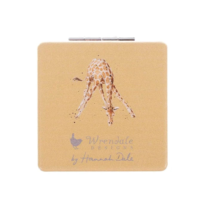 Back of Wrendale Designs giraffe compact mirror featuring playful giraffe illustration with Wrendale Designs logo.