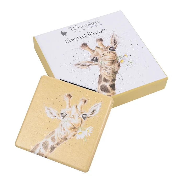 Wrendale Designs 'Flowers' Giraffe Compact Mirror shown with illustrated gift box, featuring giraffe artwork by Hannah Dale.