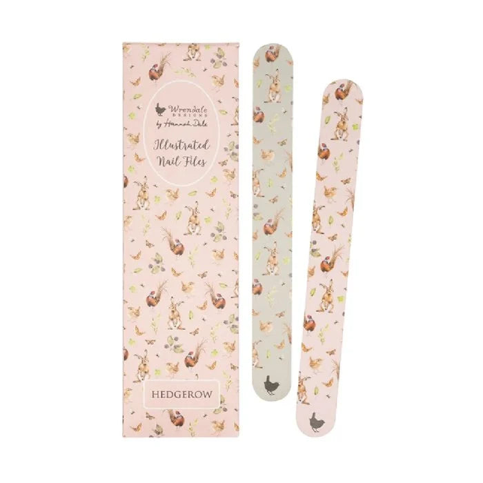 Wrendale Designs Hedgerow Country Animal Nail File Set with two illustrated nail files in a patterned pouch.