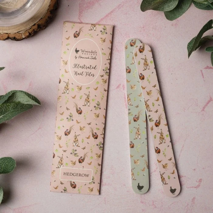 Wrendale Designs Hedgerow Country Animal Nail File Set with two illustrated nail files in a patterned pouch.