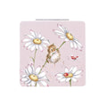 Wrendale Designs 'Oops a Daisy' compact mirror featuring a cute mouse clinging to a daisy stem with ladybird and butterfly illustration by Hannah Dale.