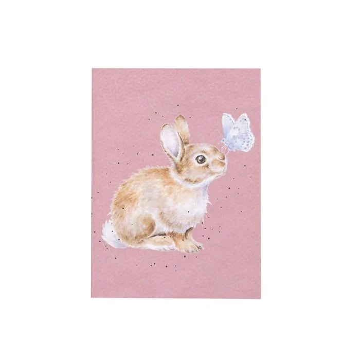 Wrendale Designs 'I Spy a Butterfly' small notebook featuring a watercolor rabbit and butterfly illustration on a pink background.