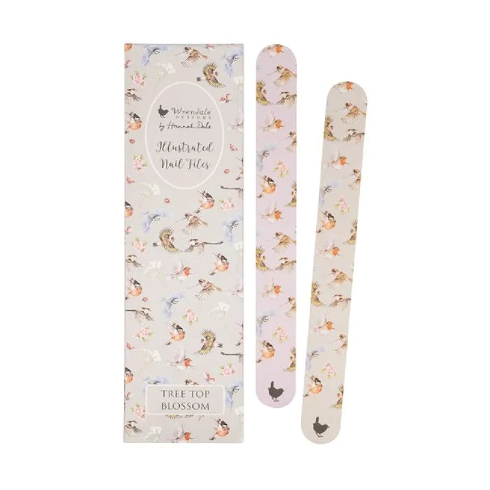 Wrendale Designs Tree Tops Bird Nail File Set with two illustrated bird nail files in a patterned pouch.