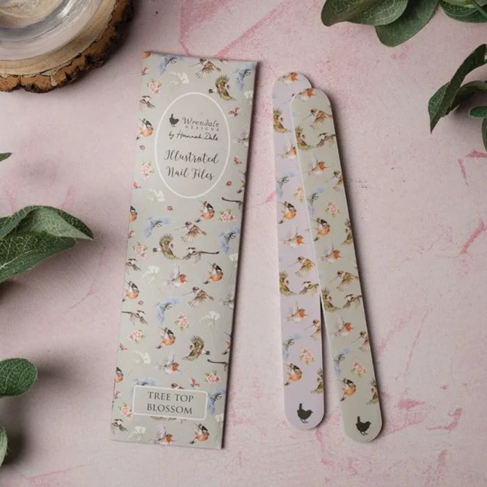 Wrendale Designs Tree Tops Bird Nail File Set with two illustrated bird nail files in a patterned pouch.