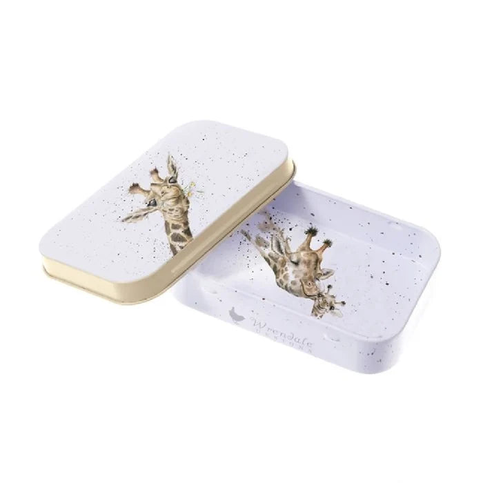 A white tin box showcasing a whimsical giraffe graphic.