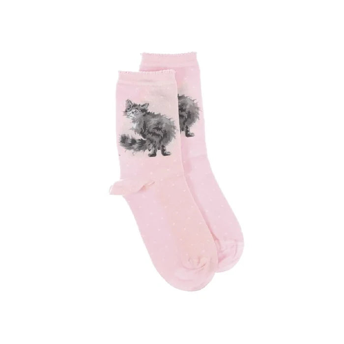 A pair of socks featuring a playful cat design in vibrant colors.
