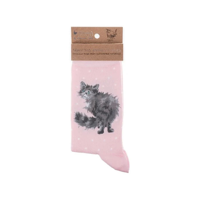 Colorful socks adorned with a cute cat illustration.