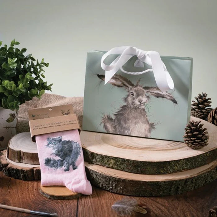 A decorative gift box with a rabbit illustration on top, next to a vibrant pair of socks.
