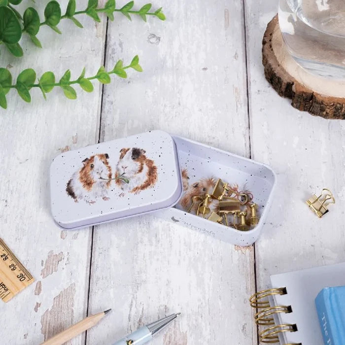 A tin box adorned with a playful cat illustration, showcasing its unique design.