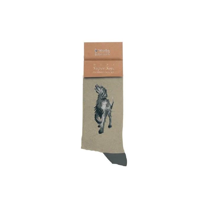 A colorful sock featuring a playful dog design, showcasing the dog's face and ears prominently.