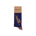 A pair of socks featuring a colorful pheasant design on a light background.