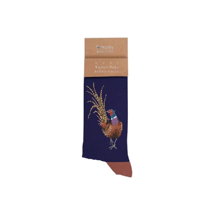A pair of socks featuring a colorful pheasant design on a light background.