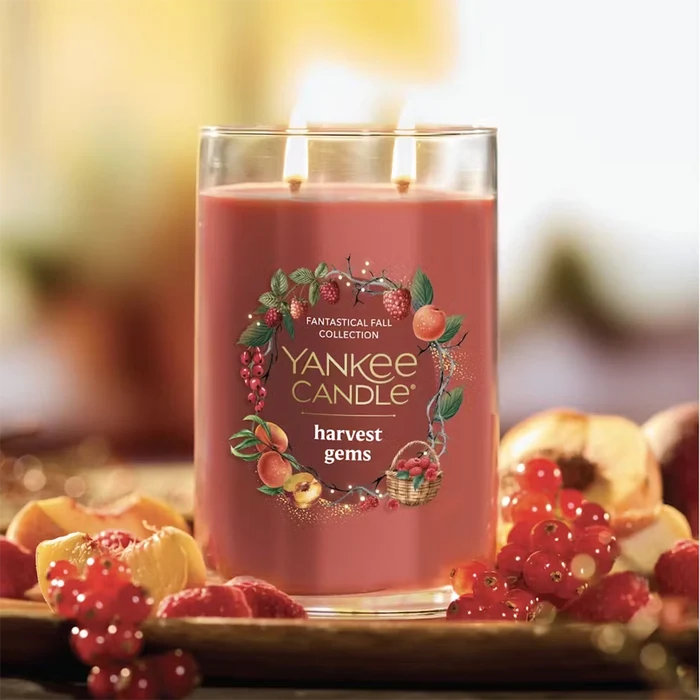 Yankee Candle harvest gems candle with fruits on a blurred background